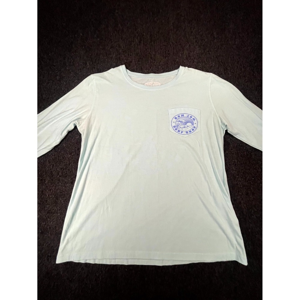 Ron Jon Surf Shop T Shirt Womens Medium Seafoam Blue Pocket Graphic Print Beach‎